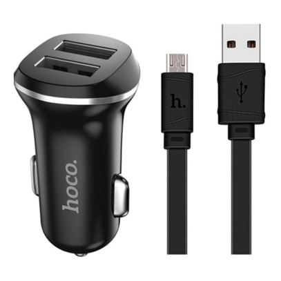 Автомобильное зарядное устройство hoco. 2 USB с USB кабелем Lightning (Z1) Черный