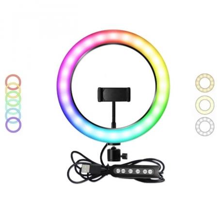 Кольцевая селфи-лампа RGB LED мультиколор, 26см с держателем для смартфона (MJ26)