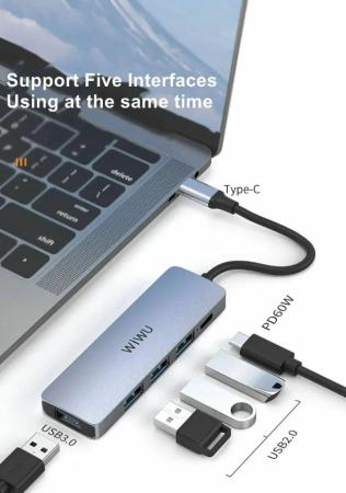 USB Хаб WiWU Alpha 541BC 5в1 Type C to 3xUSB 2.0 + USB 3.0 + Type C PD 60 Вт (A541BC) Серый